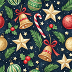 christmas ornaments, navy blue background, red accents, gold bells, candy canes, holly berries, evergreen branches, stars,, fabric panel, holiday pattern, festive design, winter theme, seamless repeat, watercolor style, christmas decorations, red ribbon bows, green foliage, white snowflakes, seasonal motifs