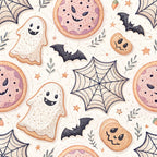 retro halloween,, fabric panel, ghost cookies, bat silhouettes, spider webs, pumpkin cookies, halloween treats, orange accents, purple details, cream background, cute spooky, kawaii style, halloween baking, decorated cookies, botanical elements, star motifs, pastel halloween, whimsical pattern, seasonal fabric