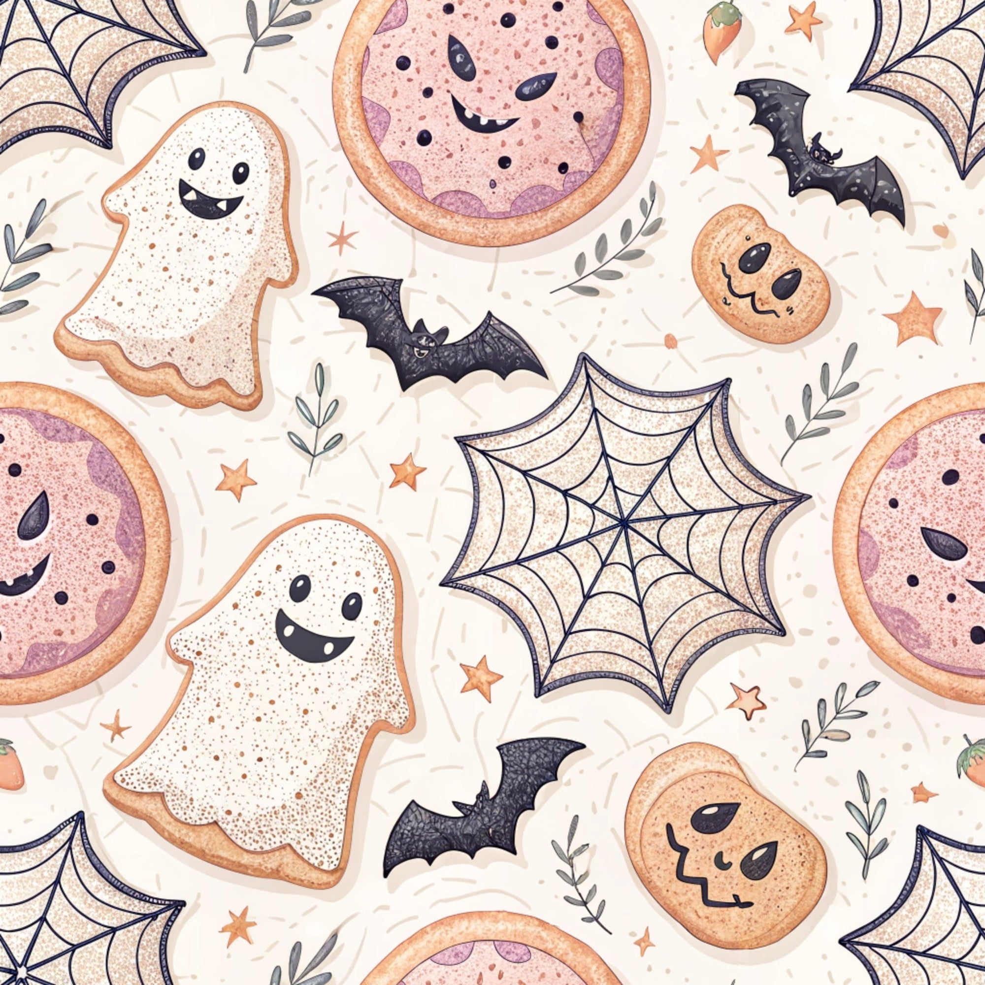 retro halloween,, fabric panel, ghost cookies, bat silhouettes, spider webs, pumpkin cookies, halloween treats, orange accents, purple details, cream background, cute spooky, kawaii style, halloween baking, decorated cookies, botanical elements, star motifs, pastel halloween, whimsical pattern, seasonal fabric