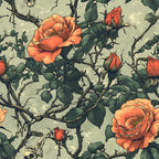 coral roses, red roses, thorny vines, skull motifs, bone elements, gothic floral, vintage botanical, peach blooms, sage green leaves, dark thorns, macabre garden, spooky florals, halloween themed, alternative aesthetic,, fabric panel, detailed illustration, muted background, bramble roses, gothic romance