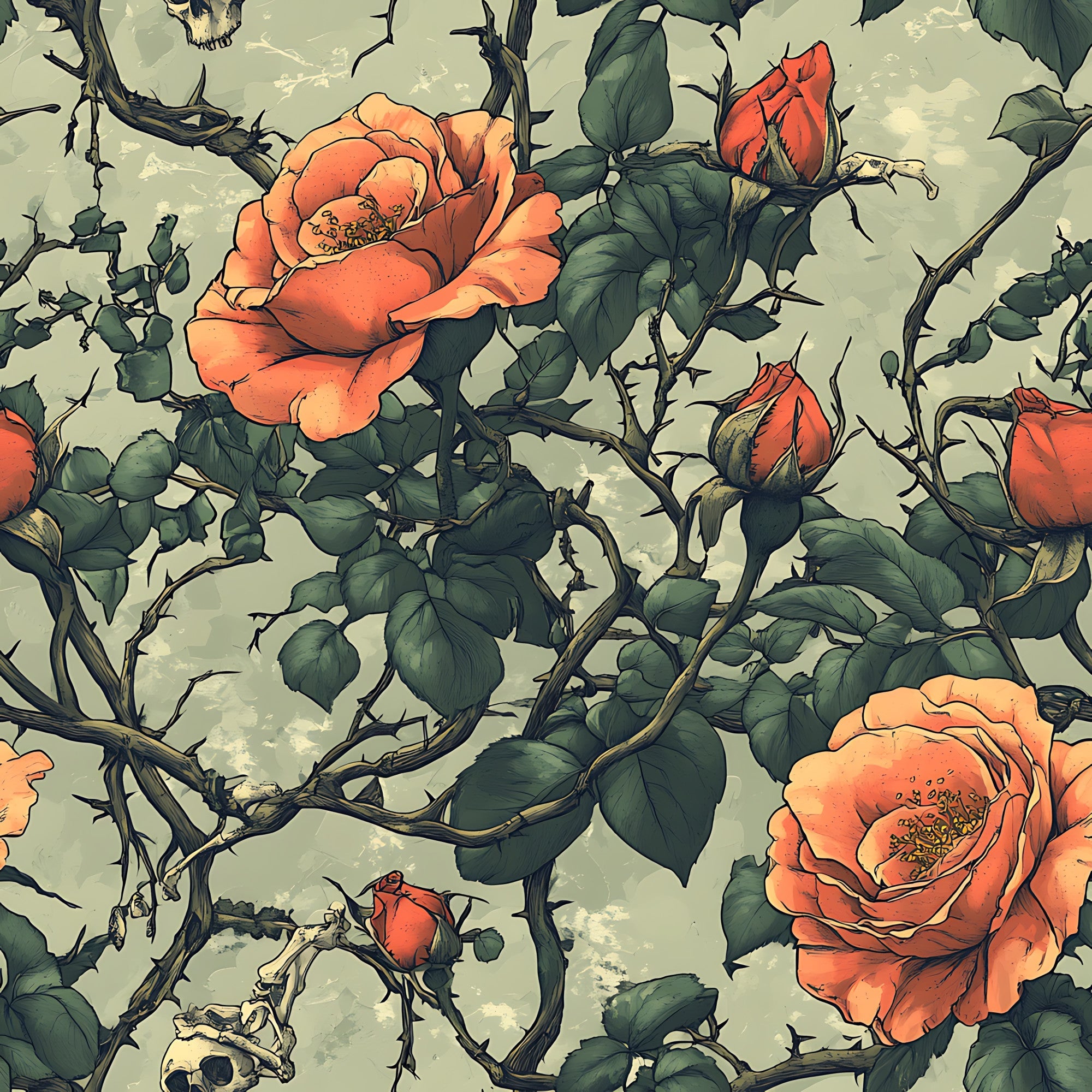 coral roses, red roses, thorny vines, skull motifs, bone elements, gothic floral, vintage botanical, peach blooms, sage green leaves, dark thorns, macabre garden, spooky florals, halloween themed, alternative aesthetic,, fabric panel, detailed illustration, muted background, bramble roses, gothic romance