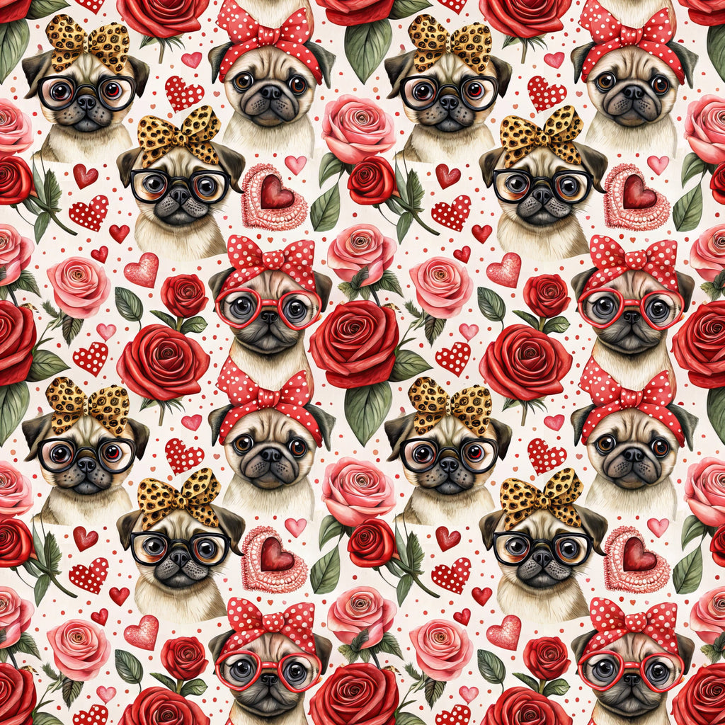 pugs, dogs, roses, red roses, pink roses, hearts, polka dots, leopard print bows, red bows, glasses, eyeglasses, valentine's theme, romantic, floral pattern, repeating pattern,, fabric panel, cute animals, love theme, red and pink palette