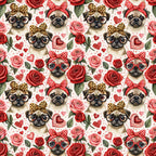 pugs, dogs, roses, red roses, pink roses, hearts, polka dots, leopard print bows, red bows, glasses, eyeglasses, valentine's theme, romantic, floral pattern, repeating pattern,, fabric panel, cute animals, love theme, red and pink palette