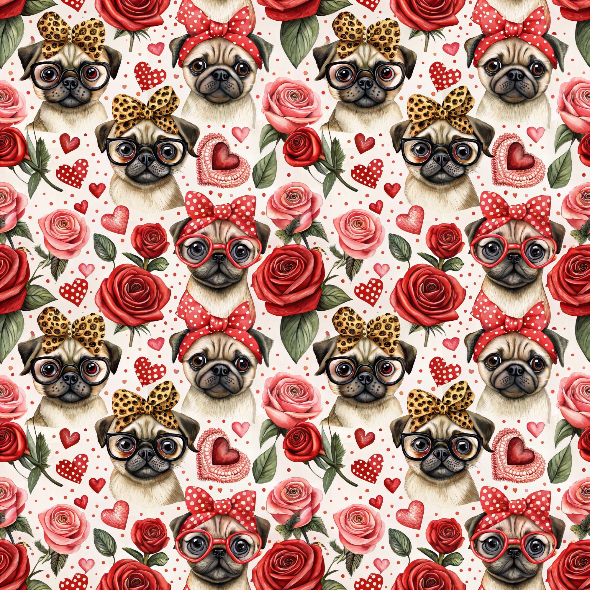 pugs, dogs, roses, red roses, pink roses, hearts, polka dots, leopard print bows, red bows, glasses, eyeglasses, valentine's theme, romantic, floral pattern, repeating pattern,, fabric panel, cute animals, love theme, red and pink palette