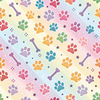 dog paws, paw prints, bone shapes, pastel rainbow, watercolor background, purple bones, colorful paws, stars scattered,, fabric panel, pet theme, whimsical pattern, soft pastels, pink paws, blue paws, orange paws, green paws, playful design, animal prints, scattered motifs