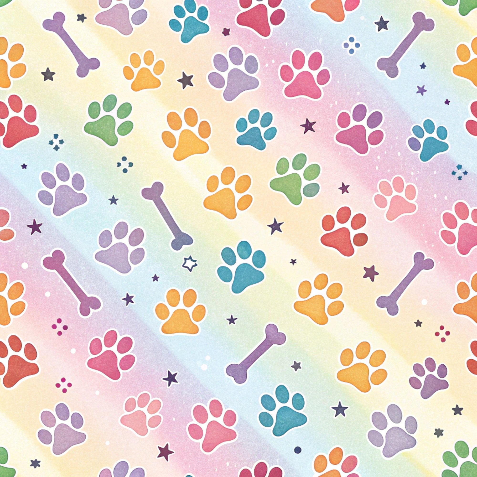 dog paws, paw prints, bone shapes, pastel rainbow, watercolor background, purple bones, colorful paws, stars scattered,, fabric panel, pet theme, whimsical pattern, soft pastels, pink paws, blue paws, orange paws, green paws, playful design, animal prints, scattered motifs