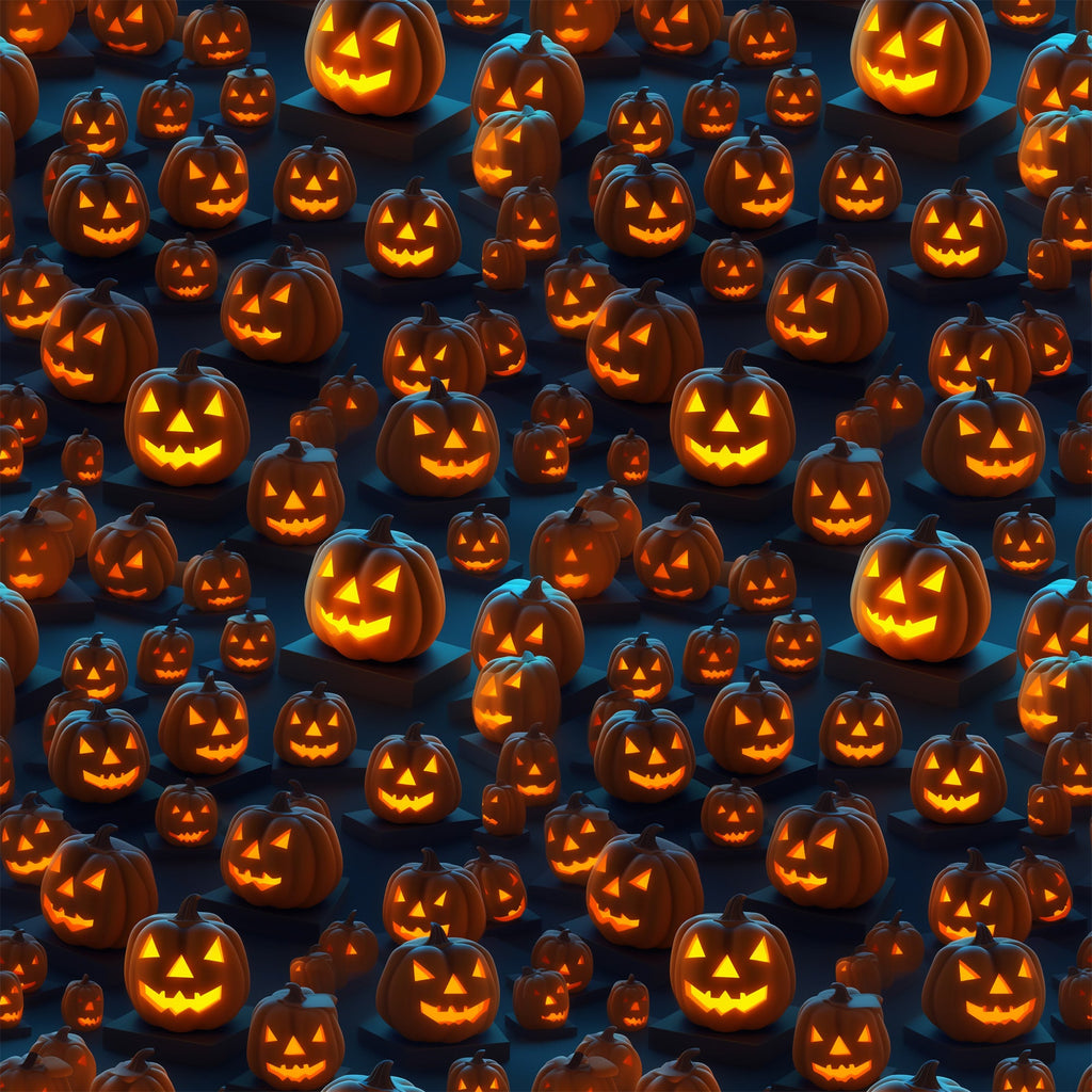 orange, black, dark blue, jack-o-lanterns, pumpkins, carved faces, glowing eyes, halloween pattern, spooky,, fabric panel, seasonal, autumn, trick-or-treat, festive, scattered design, horror theme, october, carved pumpkins, eerie glow