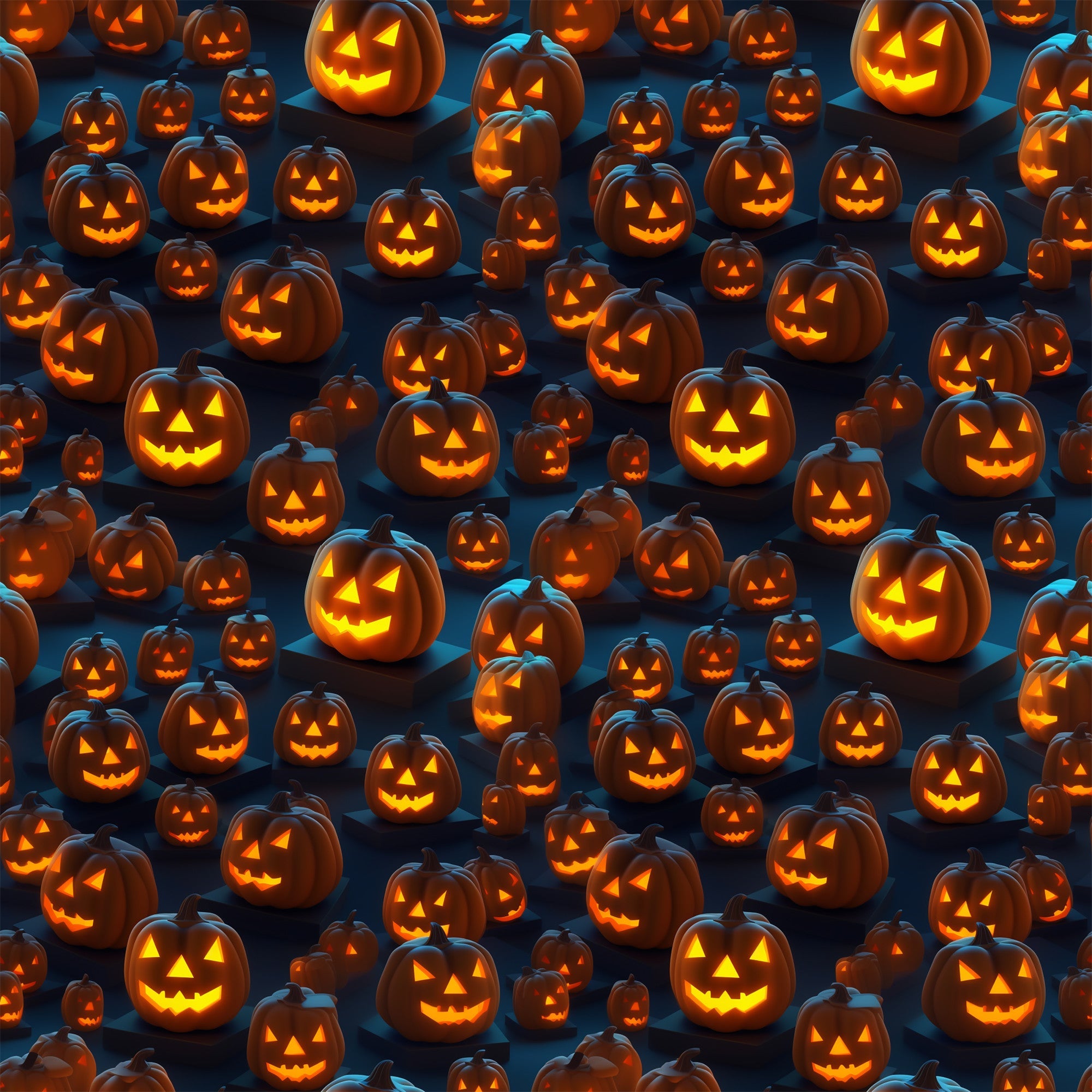 orange, black, dark blue, jack-o-lanterns, pumpkins, carved faces, glowing eyes, halloween pattern, spooky,, fabric panel, seasonal, autumn, trick-or-treat, festive, scattered design, horror theme, october, carved pumpkins, eerie glow