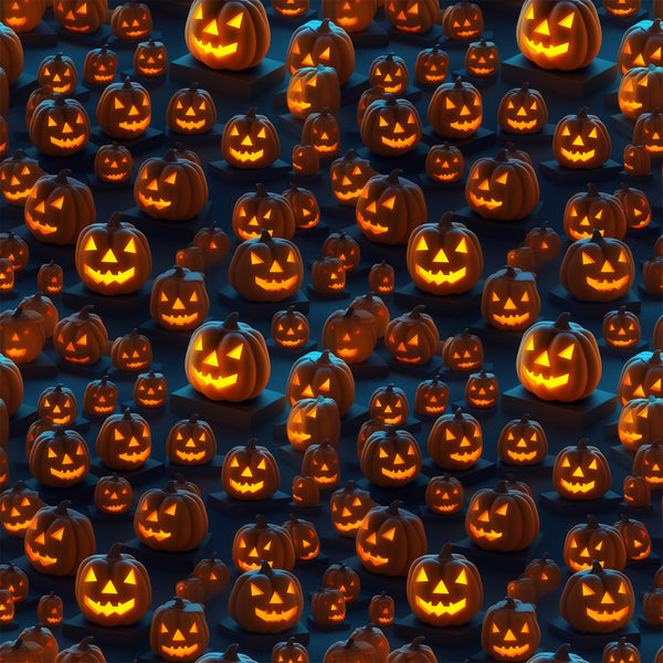 orange, black, dark blue, jack-o-lanterns, pumpkins, carved faces, glowing eyes, halloween pattern, spooky,, fabric panel, seasonal, autumn, trick-or-treat, festive, scattered design, horror theme, october, carved pumpkins, eerie glow