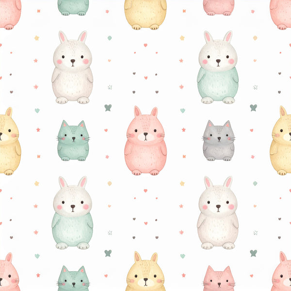 soft pink, sage green, pale yellow, cream, gray, pastel colors, cute animals, woodland creatures, rabbits, cats, squirrels, whimsical, playful, nursery, baby room, kids room, gender neutral, hearts, stars, sweet, adorable, children's illustration, storybook style, spring, baby shower, soft and cuddly, gentle pastels