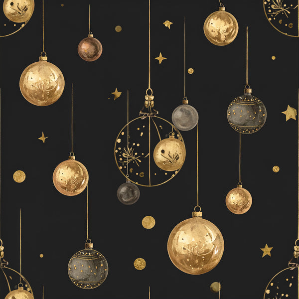 gold, black, champagne, metallic gold, christmas, holiday, celestial, stars, ornaments, baubles, elegant, luxurious, modern, festive, winter, sparkle, botanical, floral, four-leaf clover, decorative balls, hanging ornaments, night sky, sophisticated, glamorous, upscale, premium, new year's eve, formal, contemporary