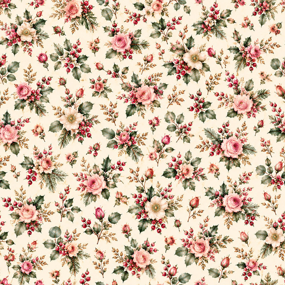 rose pink, dusty rose, cream, ivory, burgundy, forest green, sage green, floral, vintage floral, botanical, nature, romantic, elegant, traditional, cottage core, garden, roses, buds, leaves, branches, spring, summer, feminine, classic, timeless, shabby chic, country, heirloom, multi-floral, delicate