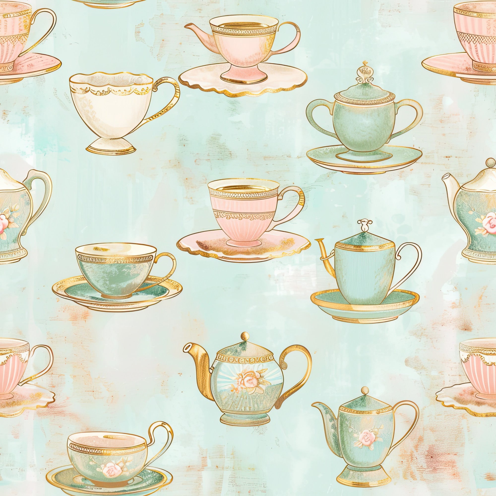 mint green, soft pink, gold accents, teacups, saucers, teapots, floral motifs, vintage china, pastel watercolor, whimsical illustration, tea party theme, delicate patterns,, fabric panel, shabby chic, feminine design, repeating pattern, elegant tableware, soft background, romantic style