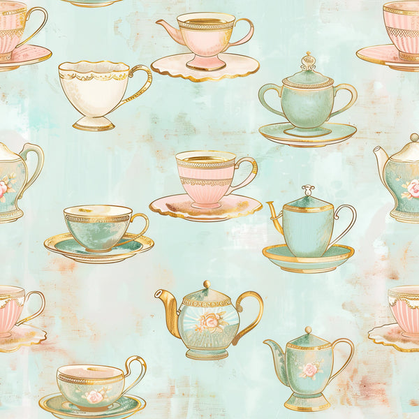 mint green, soft pink, gold accents, teacups, saucers, teapots, floral motifs, vintage china, pastel watercolor, whimsical illustration, tea party theme, delicate patterns,, fabric panel, shabby chic, feminine design, repeating pattern, elegant tableware, soft background, romantic style