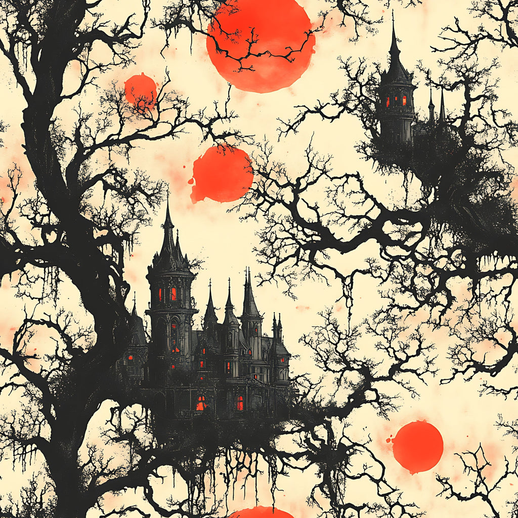 blood moon, gothic castle, bare trees, spooky manor, red orbs, black silhouettes, cream background, haunted house, eerie atmosphere,, fabric panel, halloween theme, dark fantasy, twisted branches, glowing windows, supernatural scene, horror aesthetic, autumn mood, gothic architecture, mysterious landscape