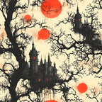 blood moon, gothic castle, bare trees, spooky manor, red orbs, black silhouettes, cream background, haunted house, eerie atmosphere,, fabric panel, halloween theme, dark fantasy, twisted branches, glowing windows, supernatural scene, horror aesthetic, autumn mood, gothic architecture, mysterious landscape