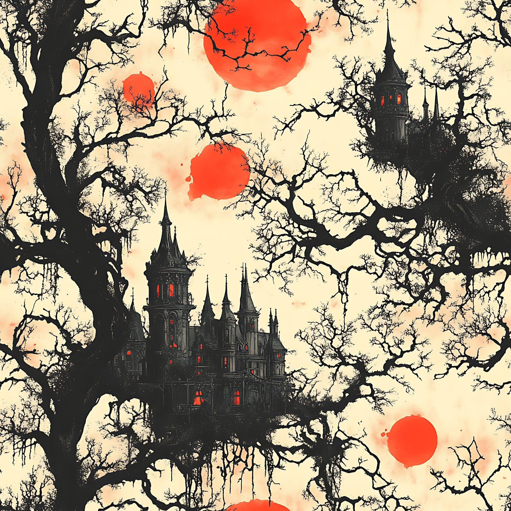 blood moon, gothic castle, bare trees, spooky manor, red orbs, black silhouettes, cream background, haunted house, eerie atmosphere,, fabric panel, halloween theme, dark fantasy, twisted branches, glowing windows, supernatural scene, horror aesthetic, autumn mood, gothic architecture, mysterious landscape