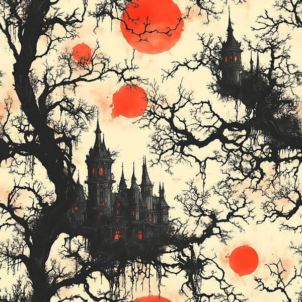 blood moon, gothic castle, bare trees, spooky manor, red orbs, black silhouettes, cream background, haunted house, eerie atmosphere,, fabric panel, halloween theme, dark fantasy, twisted branches, glowing windows, supernatural scene, horror aesthetic, autumn mood, gothic architecture, mysterious landscape