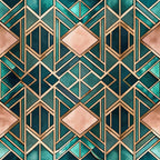 teal, emerald green, coral pink, rose gold, geometric pattern, art deco, diamond shapes, hexagonal motifs, angular lines, metallic accents,, fabric panel, sophisticated design, vintage style, jewel tones, repeating pattern, ornamental design, luxury aesthetic, structured geometry, decorative motifs