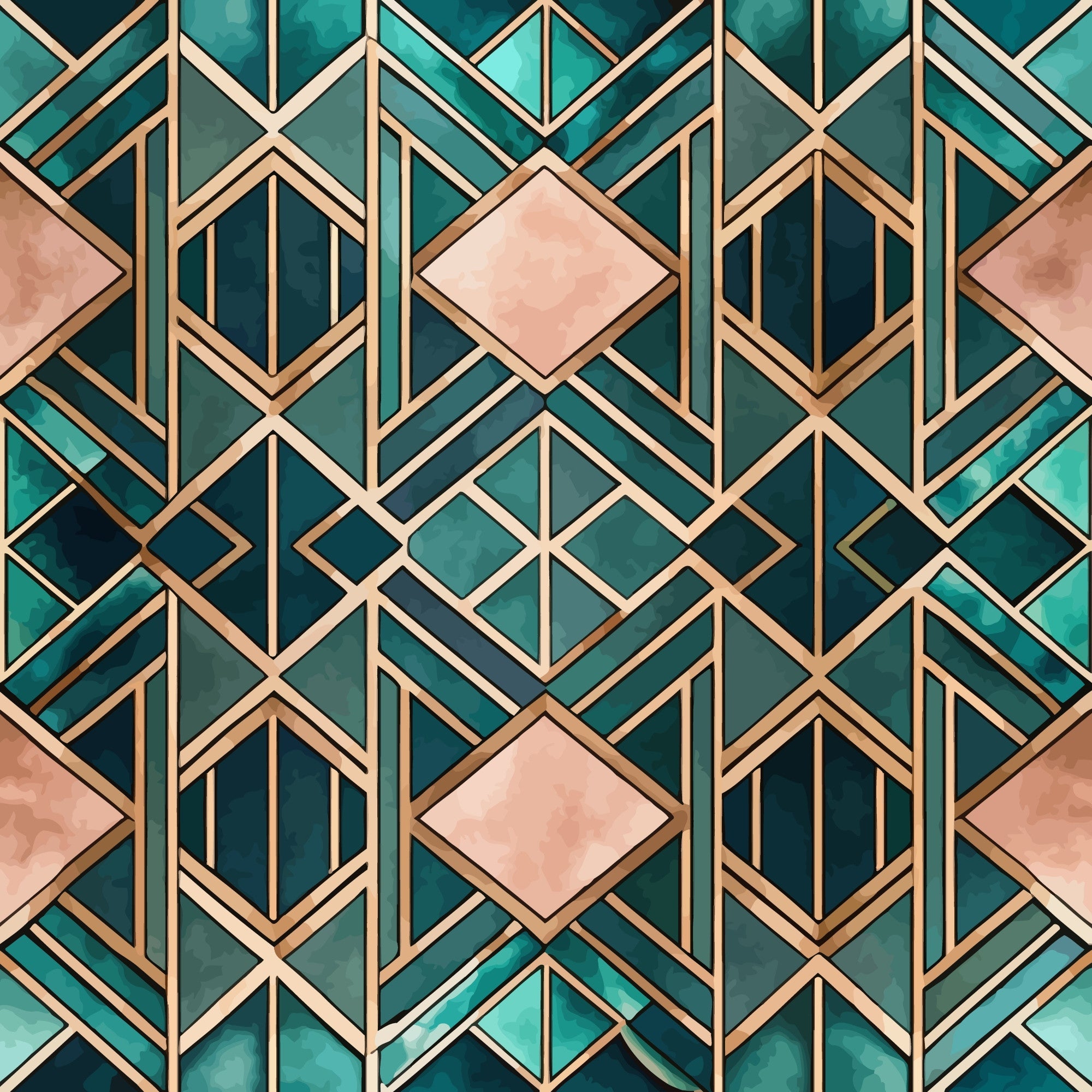 teal, emerald green, coral pink, rose gold, geometric pattern, art deco, diamond shapes, hexagonal motifs, angular lines, metallic accents,, fabric panel, sophisticated design, vintage style, jewel tones, repeating pattern, ornamental design, luxury aesthetic, structured geometry, decorative motifs