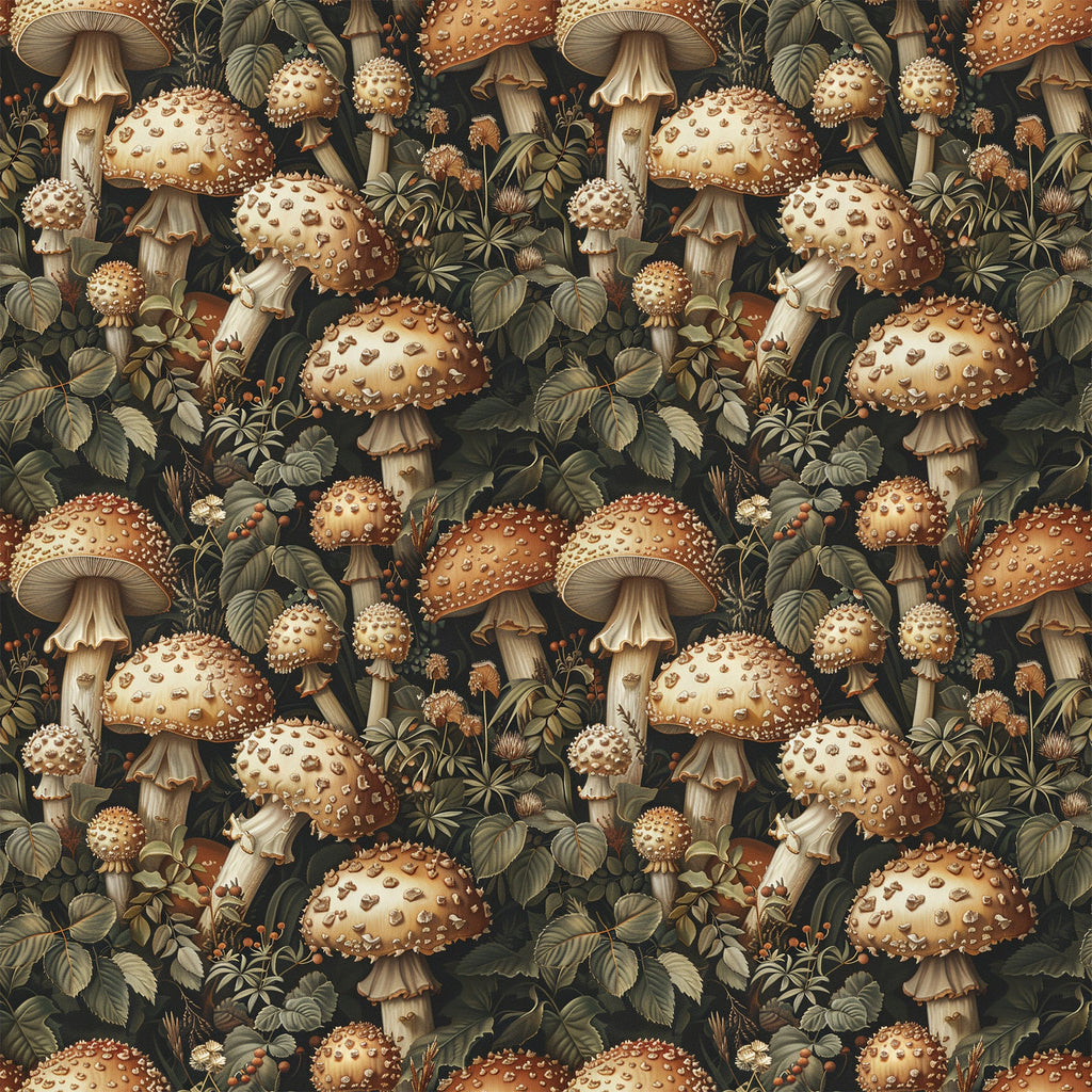 mushrooms, botanical, retro, vintage style, forest fungi, spotted mushrooms, woodland plants, leaves, foliage, earth tones, brown, cream, beige, olive green, repeating pattern, nature motif,, fabric panel, detailed illustration, natural history