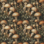 mushrooms, botanical, retro, vintage style, forest fungi, spotted mushrooms, woodland plants, leaves, foliage, earth tones, brown, cream, beige, olive green, repeating pattern, nature motif,, fabric panel, detailed illustration, natural history