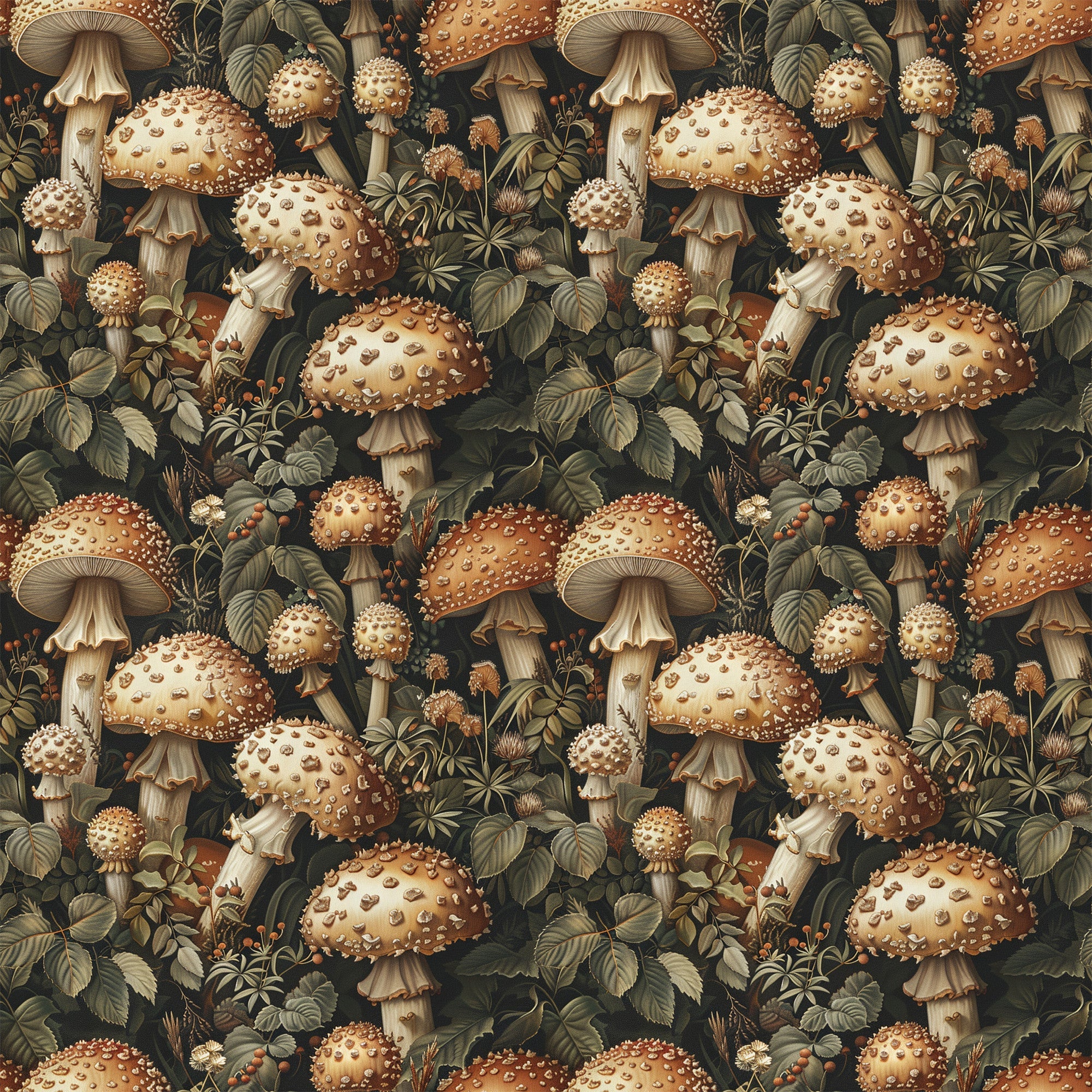 mushrooms, botanical, retro, vintage style, forest fungi, spotted mushrooms, woodland plants, leaves, foliage, earth tones, brown, cream, beige, olive green, repeating pattern, nature motif,, fabric panel, detailed illustration, natural history