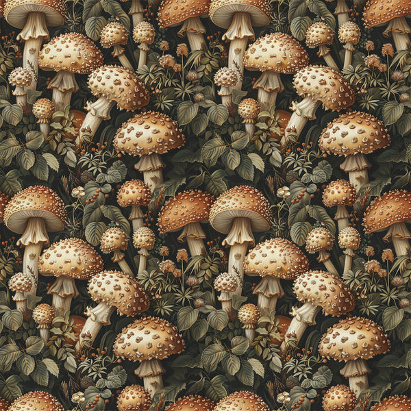 mushrooms, botanical, retro, vintage style, forest fungi, spotted mushrooms, woodland plants, leaves, foliage, earth tones, brown, cream, beige, olive green, repeating pattern, nature motif,, fabric panel, detailed illustration, natural history