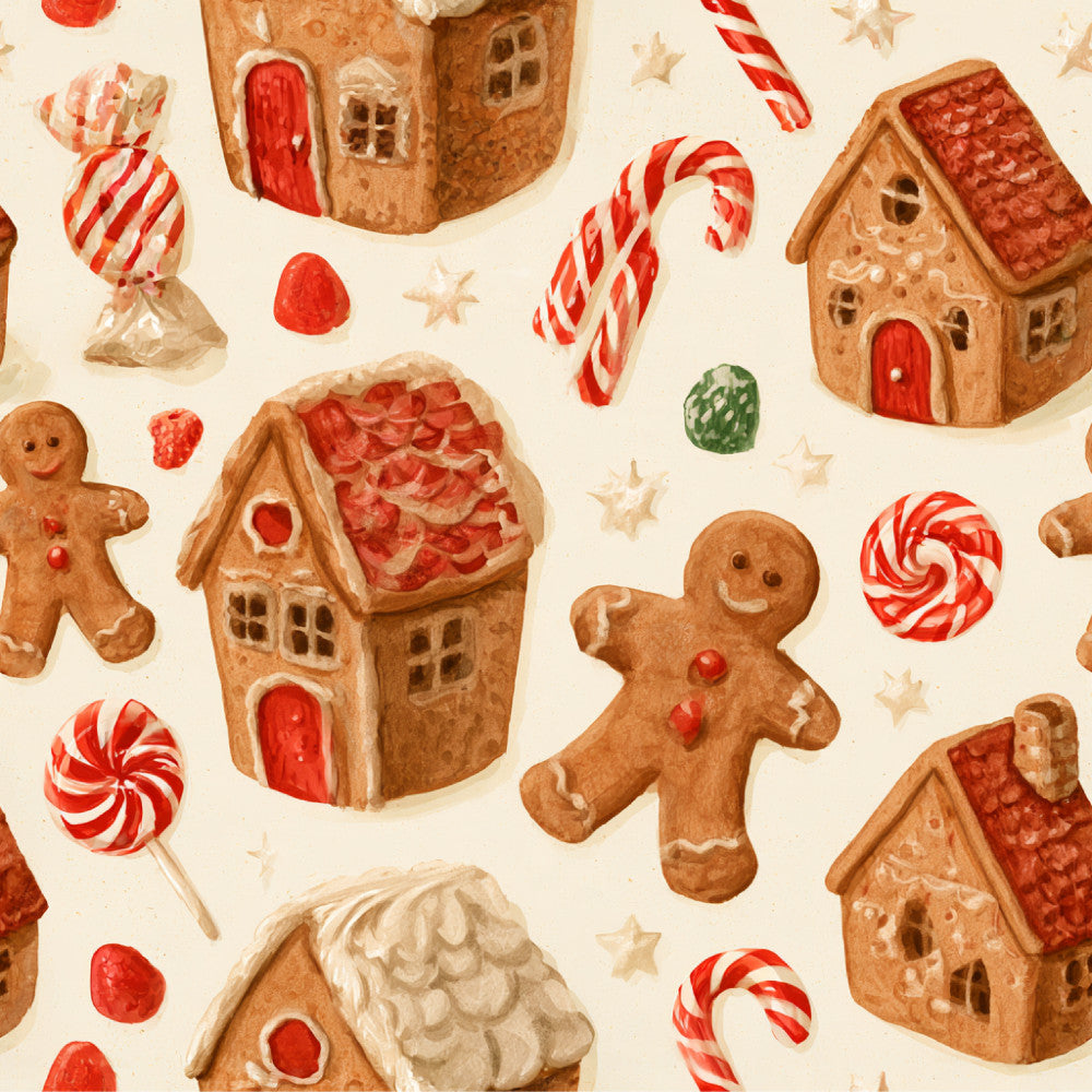 gingerbread, christmas, holiday, candy cane, lollipop, gingerbread house, gingerbread man, red and cream, warm brown, tan, festive, whimsical, traditional, stars, peppermint, sweet treats, bakery, vintage christmas, winter, seasonal, kids, children's, playroom, nursery, dessert theme, charming, nostalgic, classic holiday
