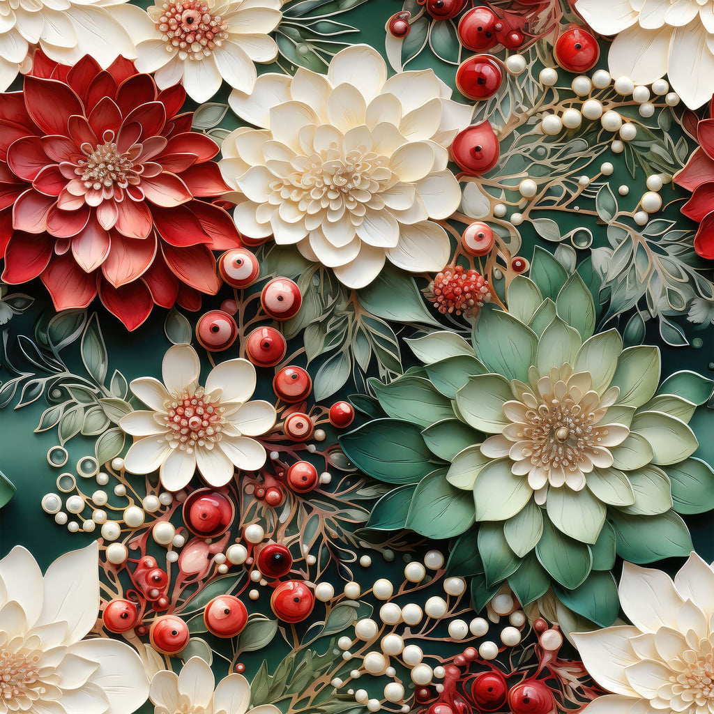 christmas florals,, fabric panel, red flowers, white blooms, cream petals, sage green leaves, burgundy berries, pearl beads, dimensional flowers, layered petals, botanical design, holiday floral, festive colors, craft fabric, sewing material, floral arrangement, winter botanicals, decorative berries, textured petals