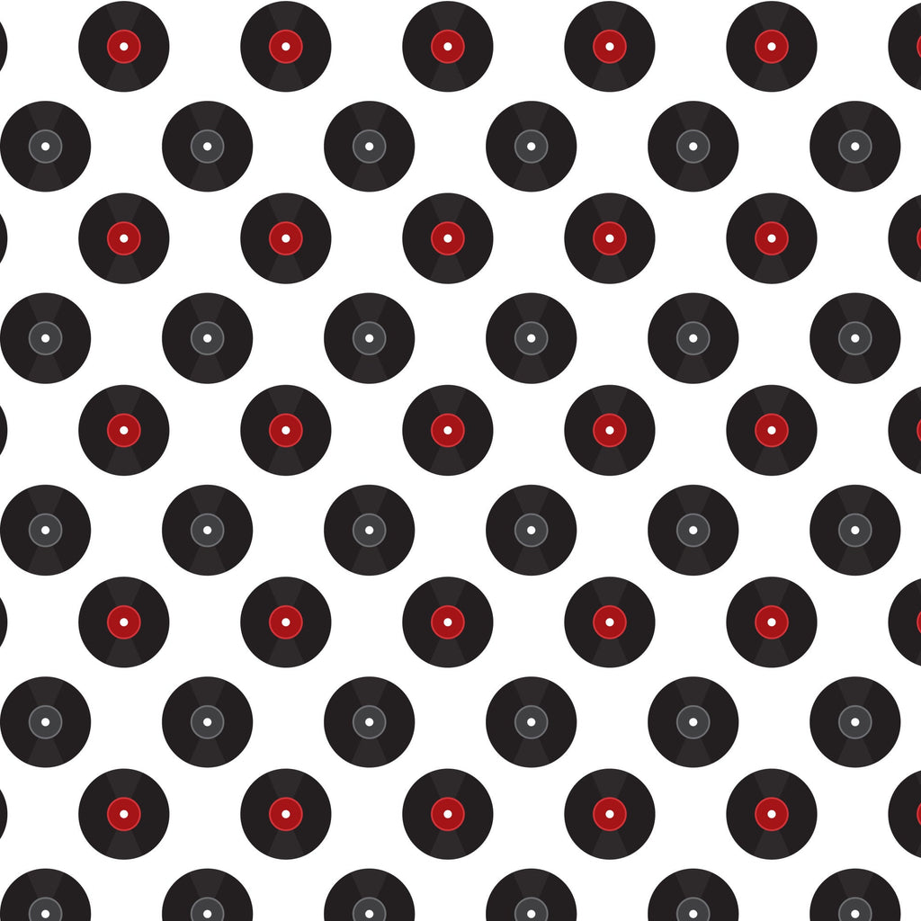 black, red, white, vinyl records, retro pattern, 1950s style, diner theme, alternating rows, geometric design, nostalgic, mid-century, music motif, repetitive pattern,, fabric panel, rockabilly, jukebox era, americana, vintage inspired