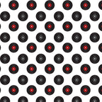 black, red, white, vinyl records, retro pattern, 1950s style, diner theme, alternating rows, geometric design, nostalgic, mid-century, music motif, repetitive pattern,, fabric panel, rockabilly, jukebox era, americana, vintage inspired