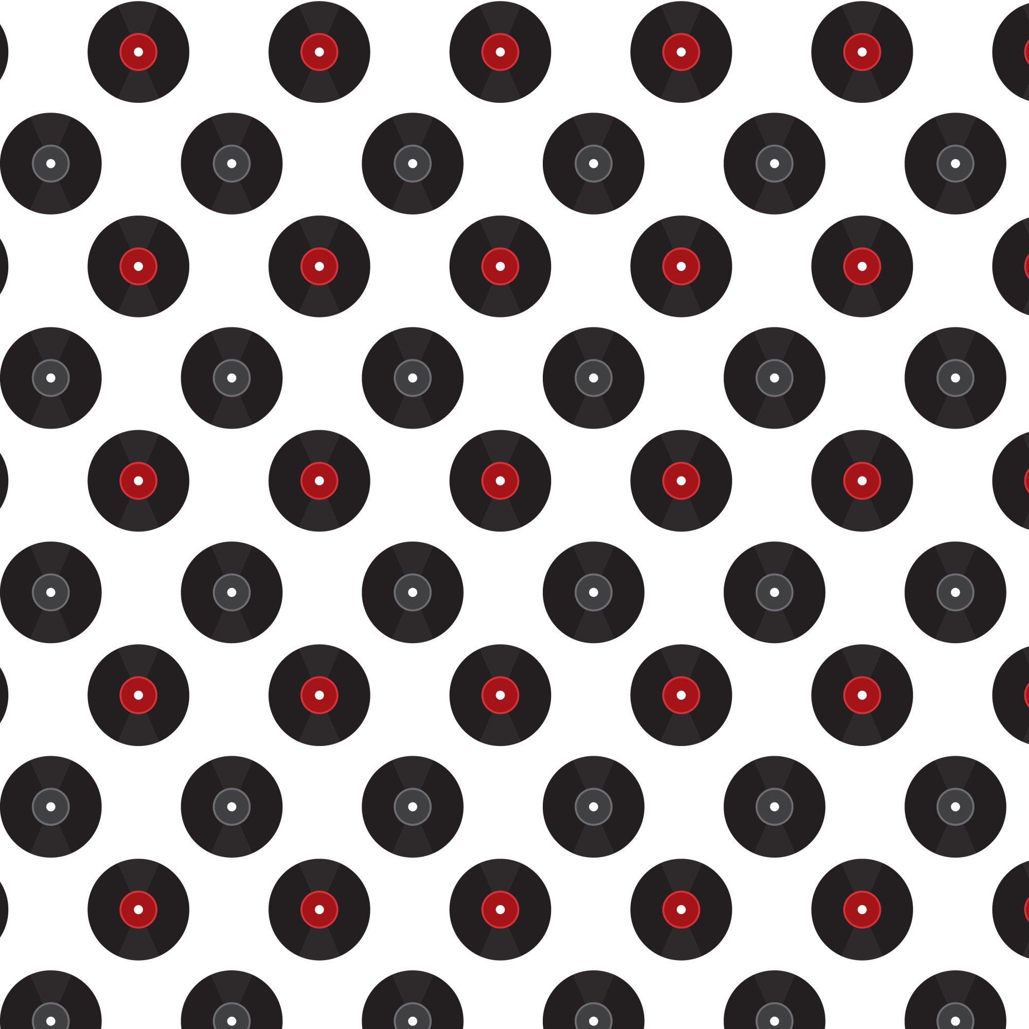 black, red, white, vinyl records, retro pattern, 1950s style, diner theme, alternating rows, geometric design, nostalgic, mid-century, music motif, repetitive pattern,, fabric panel, rockabilly, jukebox era, americana, vintage inspired