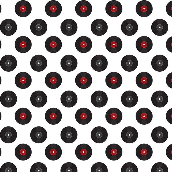 black, red, white, vinyl records, retro pattern, 1950s style, diner theme, alternating rows, geometric design, nostalgic, mid-century, music motif, repetitive pattern,, fabric panel, rockabilly, jukebox era, americana, vintage inspired