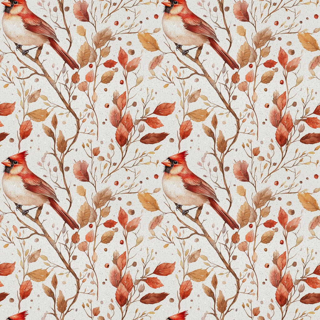 red cardinals, autumn leaves, watercolor style,, fabric panel, bird pattern, fall foliage, russet brown, coral red, cream background, nature design, botanical elements, seasonal pattern, winter birds, orange leaves, delicate artwork, repeating motif, craft fabric, wildlife theme, warm tones