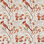 red cardinals, autumn leaves, watercolor style,, fabric panel, bird pattern, fall foliage, russet brown, coral red, cream background, nature design, botanical elements, seasonal pattern, winter birds, orange leaves, delicate artwork, repeating motif, craft fabric, wildlife theme, warm tones
