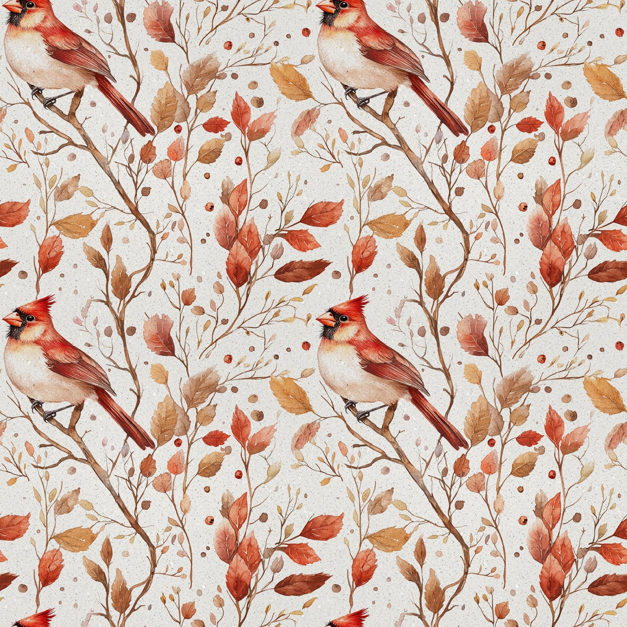 red cardinals, autumn leaves, watercolor style,, fabric panel, bird pattern, fall foliage, russet brown, coral red, cream background, nature design, botanical elements, seasonal pattern, winter birds, orange leaves, delicate artwork, repeating motif, craft fabric, wildlife theme, warm tones
