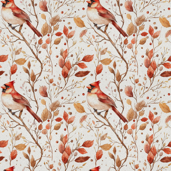 red cardinals, autumn leaves, watercolor style,, fabric panel, bird pattern, fall foliage, russet brown, coral red, cream background, nature design, botanical elements, seasonal pattern, winter birds, orange leaves, delicate artwork, repeating motif, craft fabric, wildlife theme, warm tones