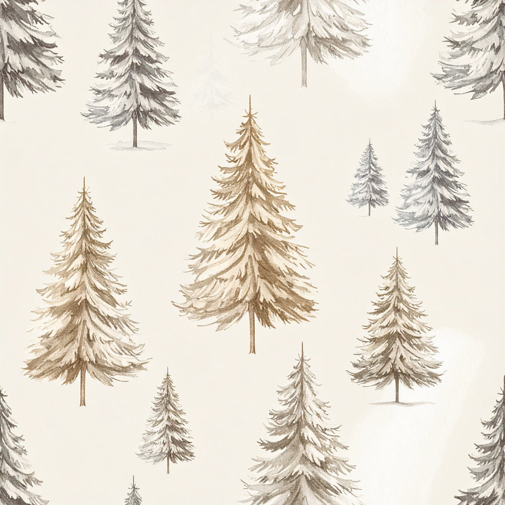 cream, tan, brown, taupe, gray, forest green, evergreen trees, pine trees, winter trees, coniferous trees, snow-covered trees, nature, woodland, forest, winter, christmas, holiday, rustic, natural, botanical, countryside, peaceful, serene, timeless, cozy, cabin, lodge, traditional, calm