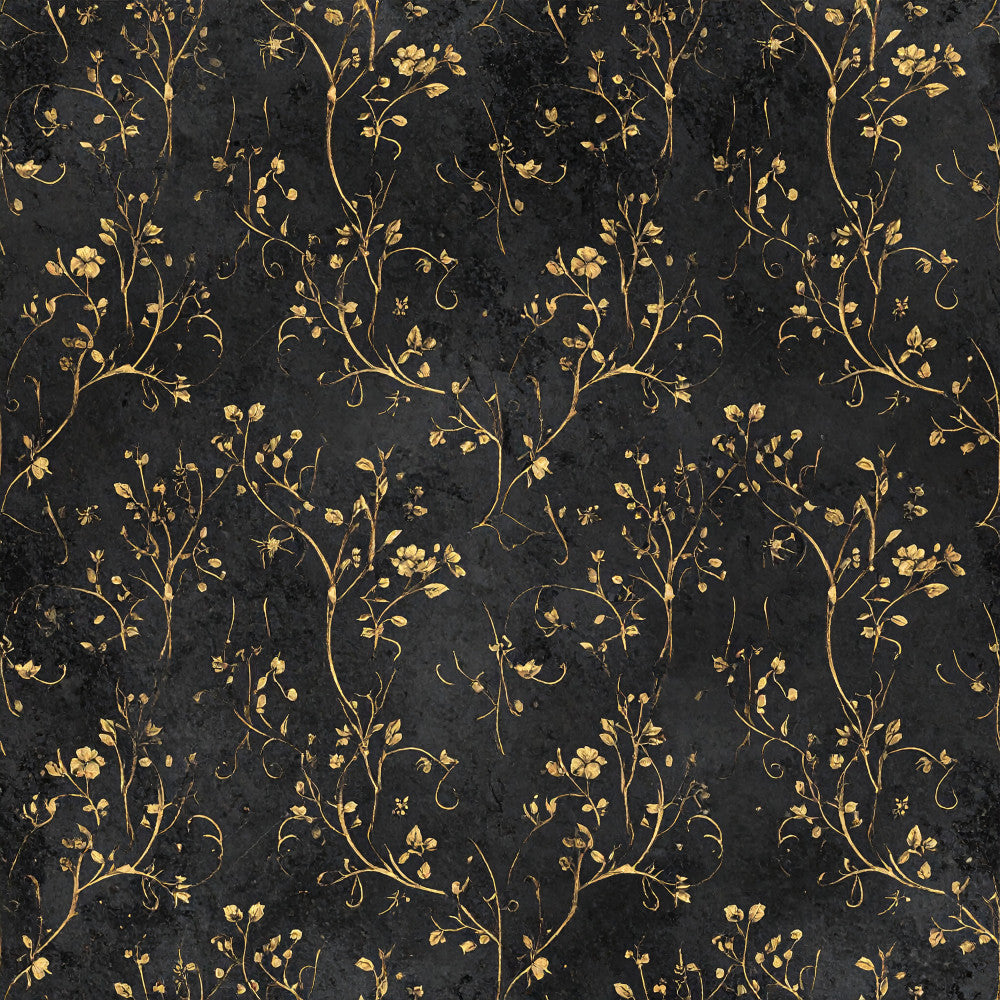 charcoal black, gold, metallic gold, floral, botanical, delicate flowers, nature, vintage, elegant, luxe, damask, ornate, branches, leaves, classic, timeless, sophisticated, dark academia, moody, romantic, traditional, botanical illustration, pressed flowers, dried flowers, garden, spring, summer, upscale