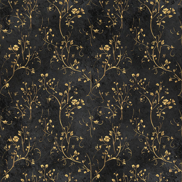 charcoal black, gold, metallic gold, floral, botanical, delicate flowers, nature, vintage, elegant, luxe, damask, ornate, branches, leaves, classic, timeless, sophisticated, dark academia, moody, romantic, traditional, botanical illustration, pressed flowers, dried flowers, garden, spring, summer, upscale