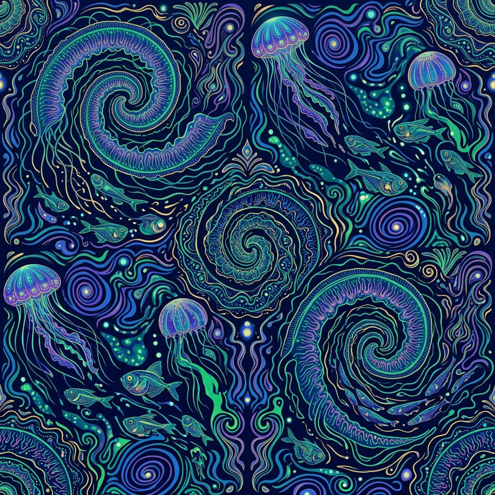 navy blue, purple, cyan blue, neon green, turquoise, gold, bioluminescent, ocean blue, deep blue, psychedelic, abstract, swirling, spirals, jellyfish, fish, sea creatures, nautical, underwater, ocean theme, celestial, whimsical, modern, trippy, neon glow, fantasy, magical, marine life, kids room, playroom, aquatic