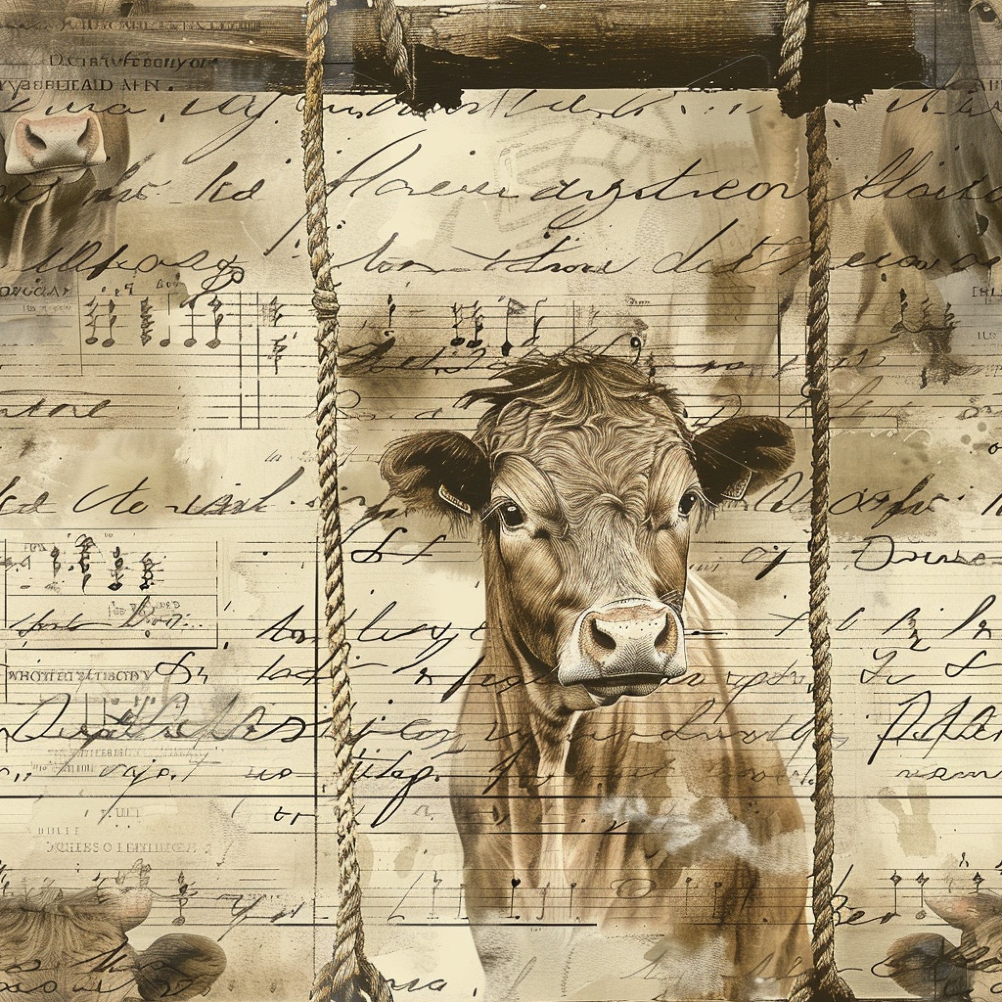 sepia tones, beige, cream, brown, cow portrait, farm animal, rope border, vintage style, musical notes, handwritten script, aged paper, rustic charm,, fabric panel, country theme, pastoral scene, antique finish, weathered texture, farmhouse aesthetic