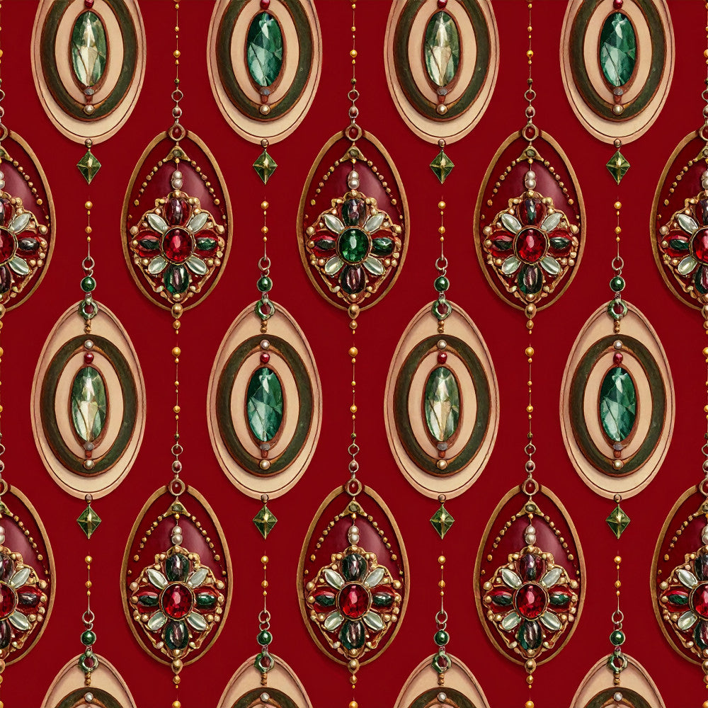 crimson red, forest green, gold, burgundy, elegant, vintage, jeweled tones, ornamental, luxury, damask-inspired, medallion motif, gem stones, chandelier, classic, traditional, formal, sophisticated, holiday, christmas, festive, decorative medallions, hanging jewels, beaded details, regal, opulent, jewel embellished, timeless, ornate