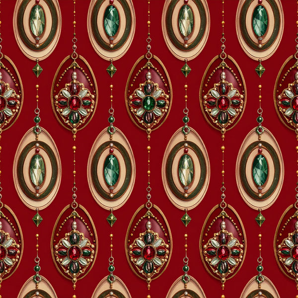 crimson red, forest green, gold, burgundy, elegant, vintage, jeweled tones, ornamental, luxury, damask-inspired, medallion motif, gem stones, chandelier, classic, traditional, formal, sophisticated, holiday, christmas, festive, decorative medallions, hanging jewels, beaded details, regal, opulent, jewel embellished, timeless, ornate
