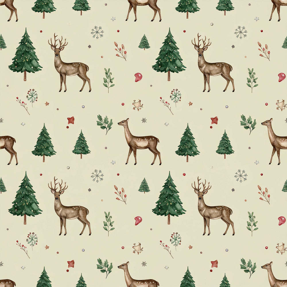 forest green, cream, beige, burgundy, red, brown, deer, evergreen trees, pine trees, snowflakes, holly leaves, berries, stars, woodland, winter, christmas, holiday, nature, rustic, whimsical, traditional, festive, animals, forest animals, botanical, seasonal, cozy, vintage, nursery, kids room