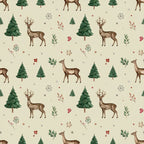 forest green, cream, beige, burgundy, red, brown, deer, evergreen trees, pine trees, snowflakes, holly leaves, berries, stars, woodland, winter, christmas, holiday, nature, rustic, whimsical, traditional, festive, animals, forest animals, botanical, seasonal, cozy, vintage, nursery, kids room