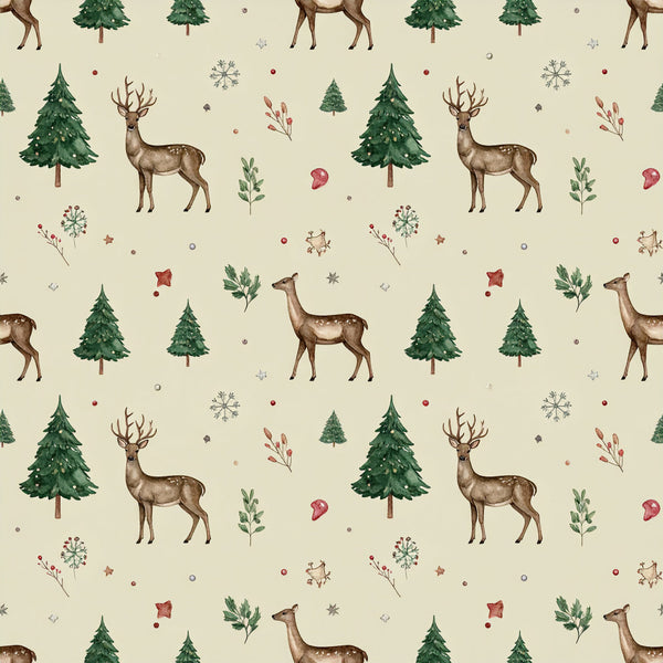 forest green, cream, beige, burgundy, red, brown, deer, evergreen trees, pine trees, snowflakes, holly leaves, berries, stars, woodland, winter, christmas, holiday, nature, rustic, whimsical, traditional, festive, animals, forest animals, botanical, seasonal, cozy, vintage, nursery, kids room