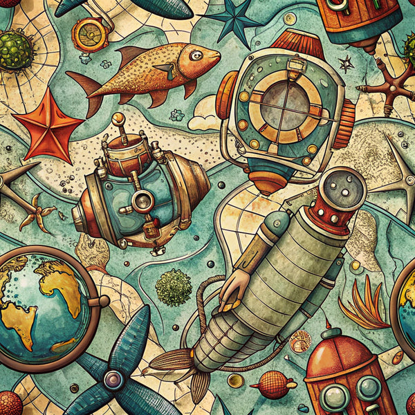 turquoise, teal, orange, rust, cream, beige, nautical theme, deep sea diver, vintage diving helmet, fish, compass, submarine, underwater scene, maritime exploration, ocean adventure, steampunk style, retro illustration,, fabric panel, sea creatures, diving equipment, whimsical artwork, aquatic motifs