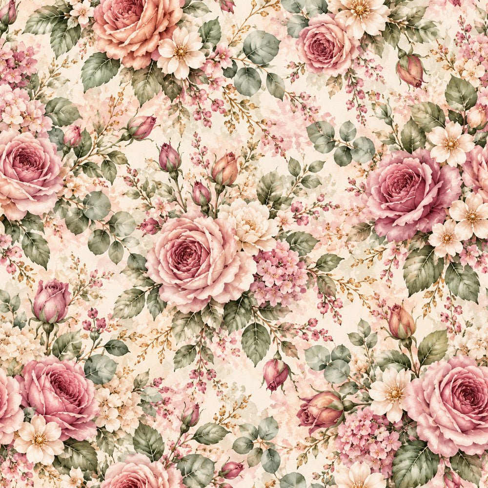 dusty rose, blush pink, mauve, cream, sage green, soft pink, floral, roses, vintage floral, botanical, nature, elegant, romantic, traditional, garden, spring, summer, rose buds, delicate flowers, daisies, leaves, greenery, feminine, cottage core, classic, timeless, pretty, decorative, nursery, baby shower